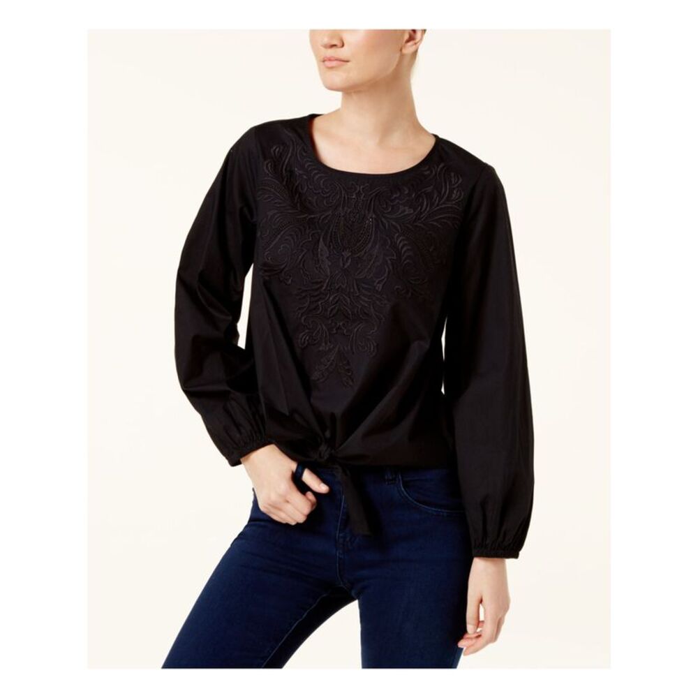 INC Womens Black Embellished Floral Long Sleeve Scoop Neck Tunic Top L